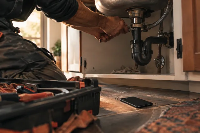 A plumber working under a sink while a phone call goes unanswered on the floor beside him