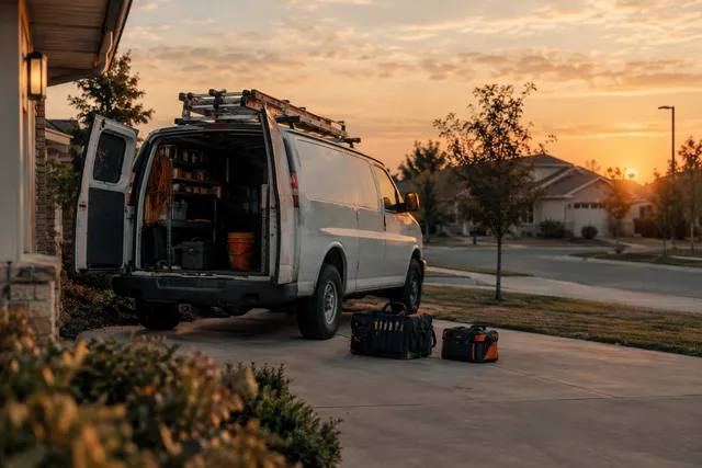 A tradesperson's van parked in a driveway at sunset with tool bags unloaded and ready for a job